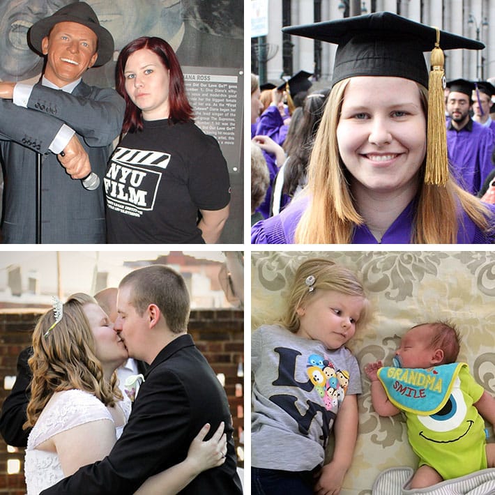 photo collage of Michelle Meredith at NYU, graduation, wedding, and her children