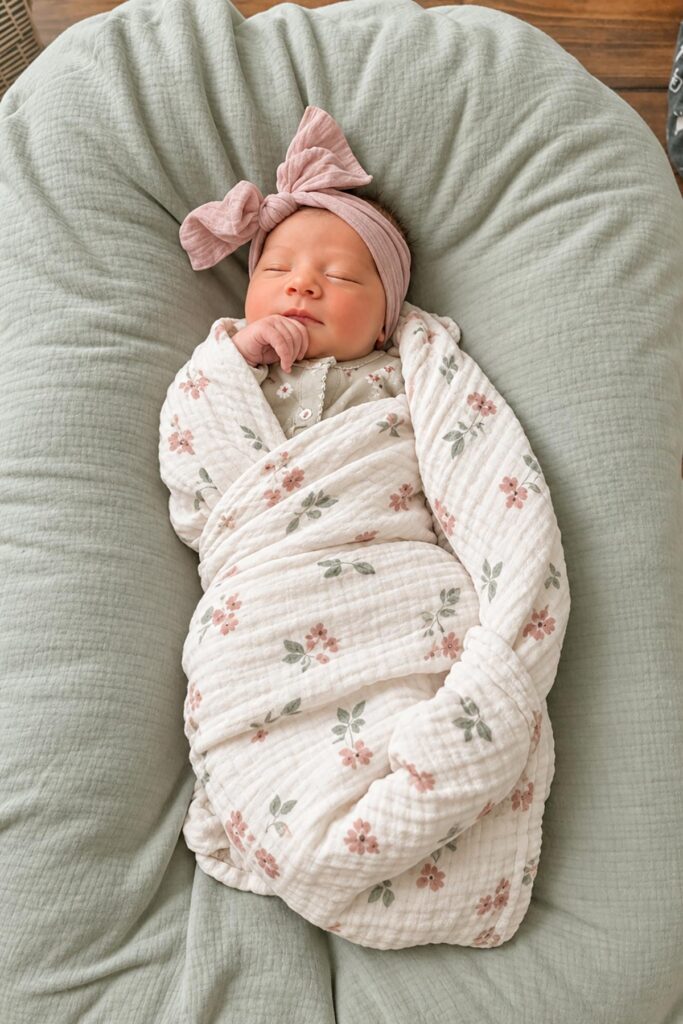 Sleeping newborn baby girl wearing a pink bow headband and floral swaddle blanket, resting on a soft sage green baby lounger.