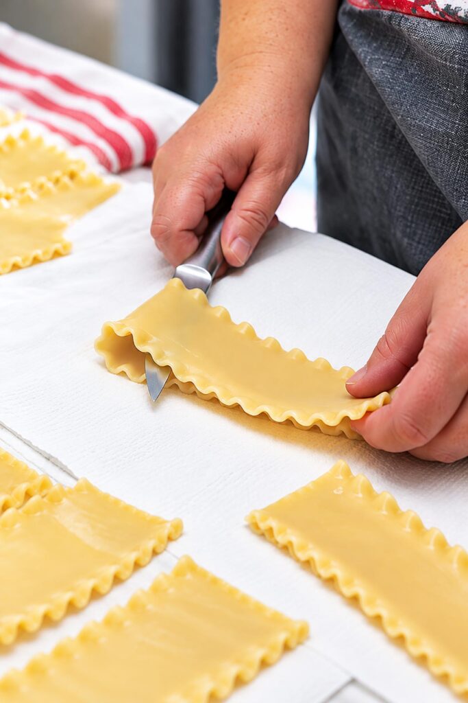 Hands slicing a folded cooked lasagna noodle in half with a knife on paper towels to prepare homemade lasagna roll-ups.