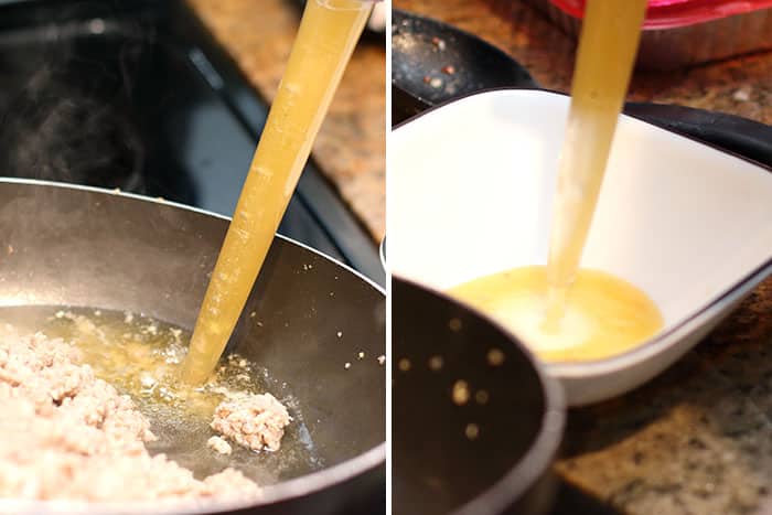 draining grease from a skillet with a turkey baster and squirting into a bowl
