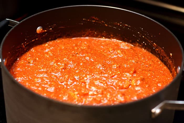 finished lasagna sauce in a dutch oven