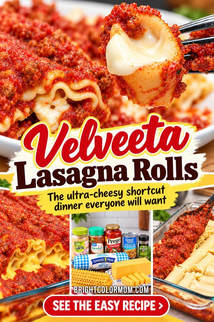 Velveeta lasagna rolls with melted cheese and meaty pasta sauce, featuring recipe ingredients and an easy step-by-step dinner preparation.