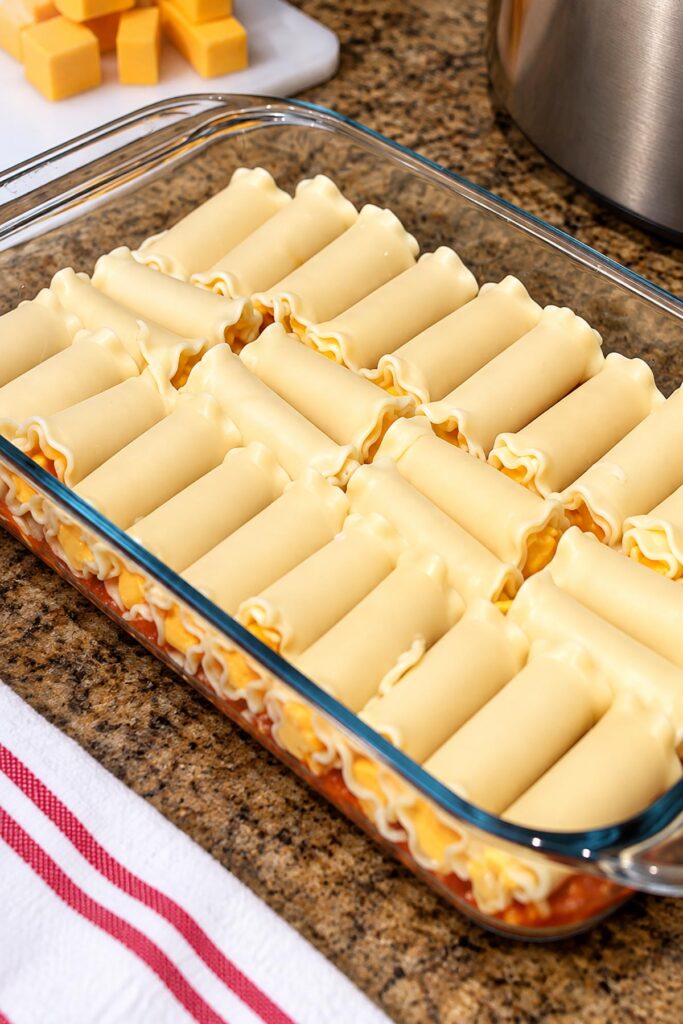 Rolled Velveeta cheese lasagna noodles arranged in a 9x13 glass baking dish over pasta sauce, ready for the next layer of homemade lasagna roll-ups.