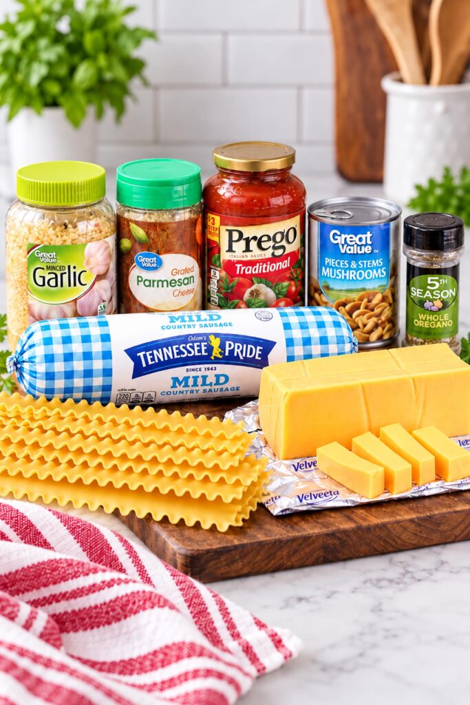 Ingredients for Velveeta lasagna roll-ups, including lasagna noodles, cheese, sausage, pasta sauce, mushrooms, garlic, Parmesan, and oregano.