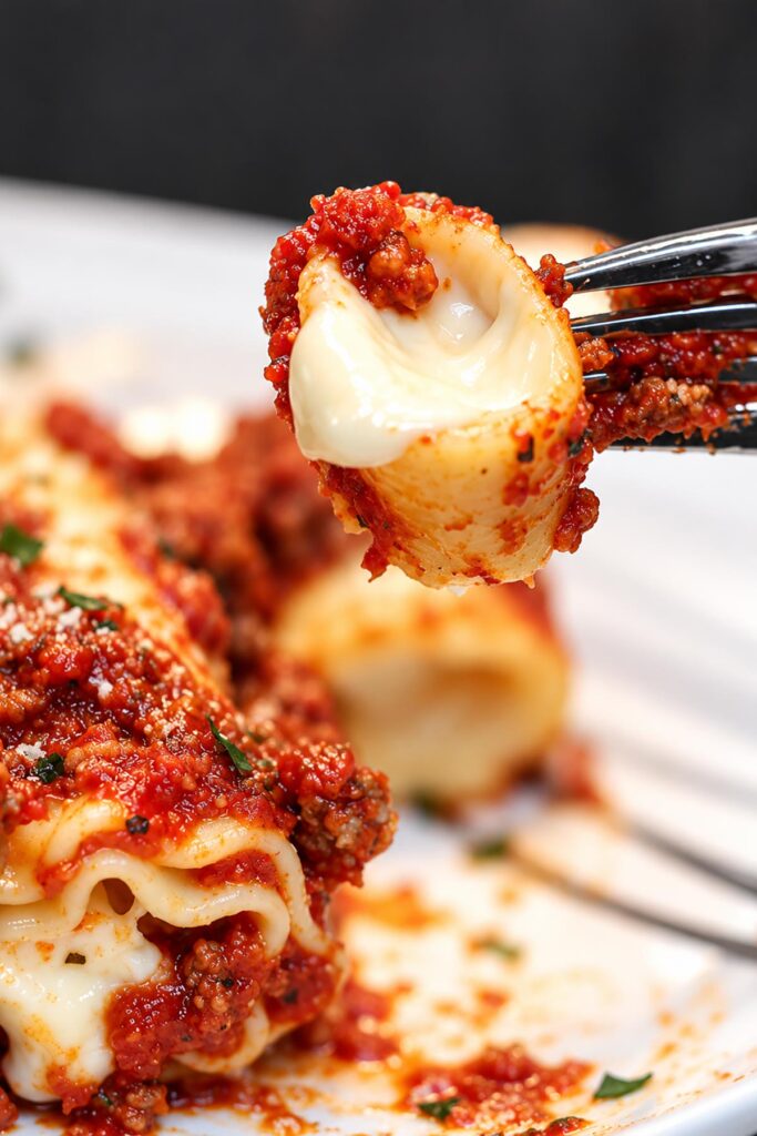 Close-up of a lasagna roll stuffed with creamy melted white Velveeta cheese and topped with homemade meat sauce, held on a fork.
