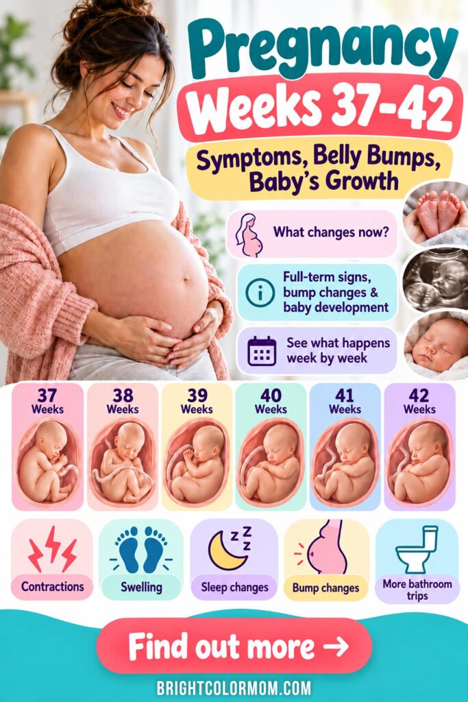 Pregnancy weeks 37-42 guide showing baby growth, belly changes, and common late-pregnancy symptoms with week-by-week illustrations.