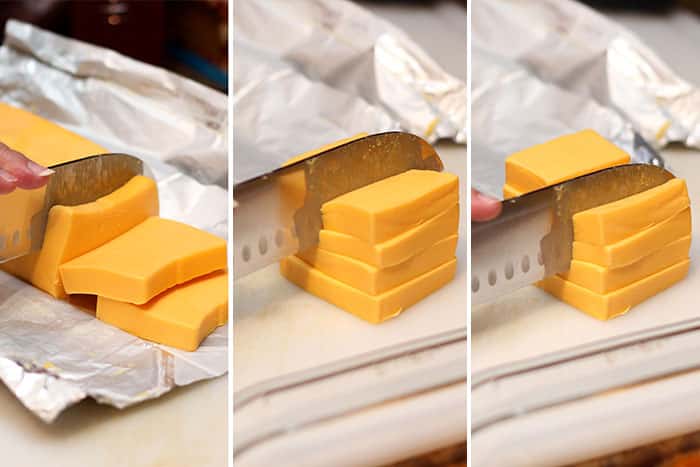 steps of slicing velveeta cheese block for lasagna roll-ups