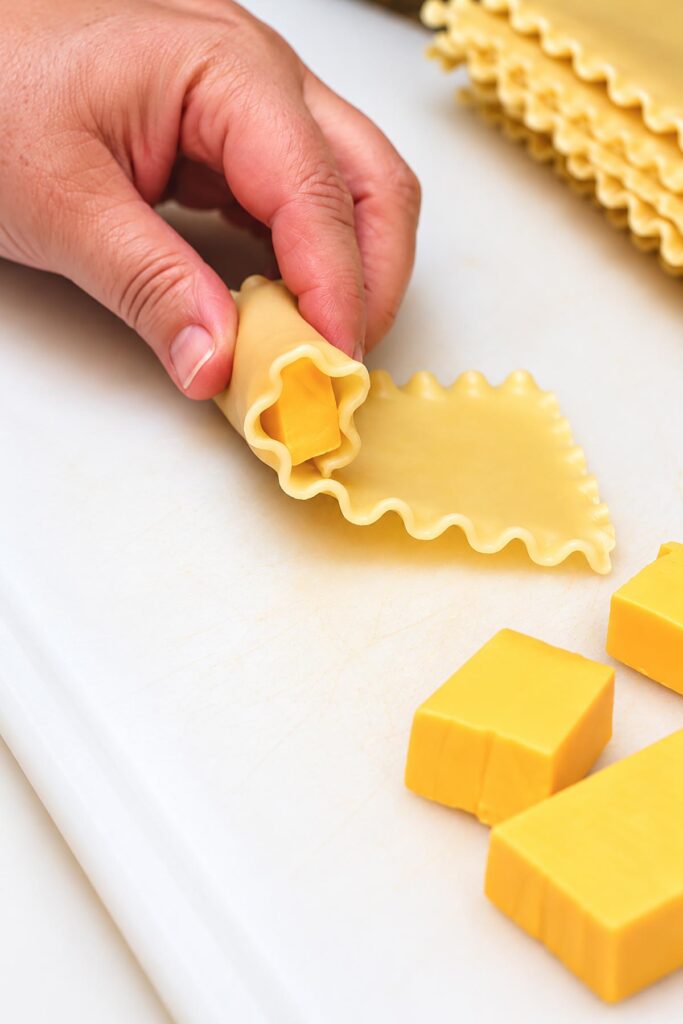 Hand rolling a cooked lasagna noodle around a stick of Velveeta cheese to make homemade cheesy lasagna roll-ups.