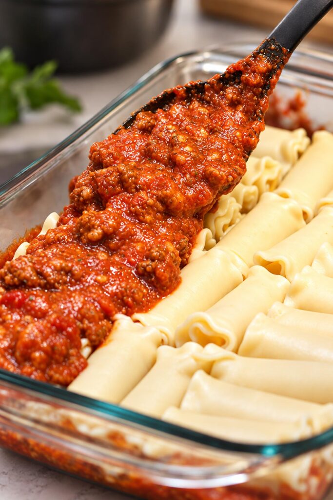 Spooning homemade meat sauce over Velveeta cheese lasagna roll ups in a glass baking dish before baking.