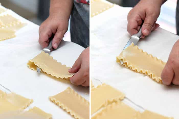 slicing lasagna noodles in half