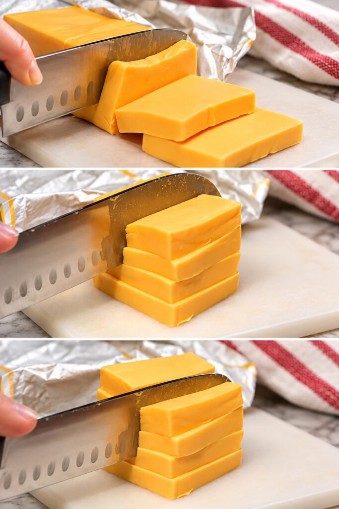 Step-by-step photos showing how to slice a block of Velveeta cheese into thick, even pieces using a kitchen knife on a cutting board.