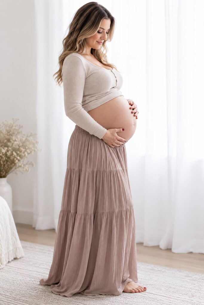 37 weeks pregnant woman cradling her large baby bump in a cream top and flowing mauve skirt during a bright indoor maternity photoshoot.