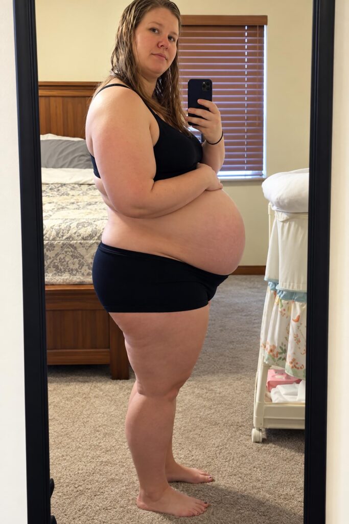 Full-body side profile of a pregnant woman showing her large third-trimester baby bump in a bedroom mirror selfie.