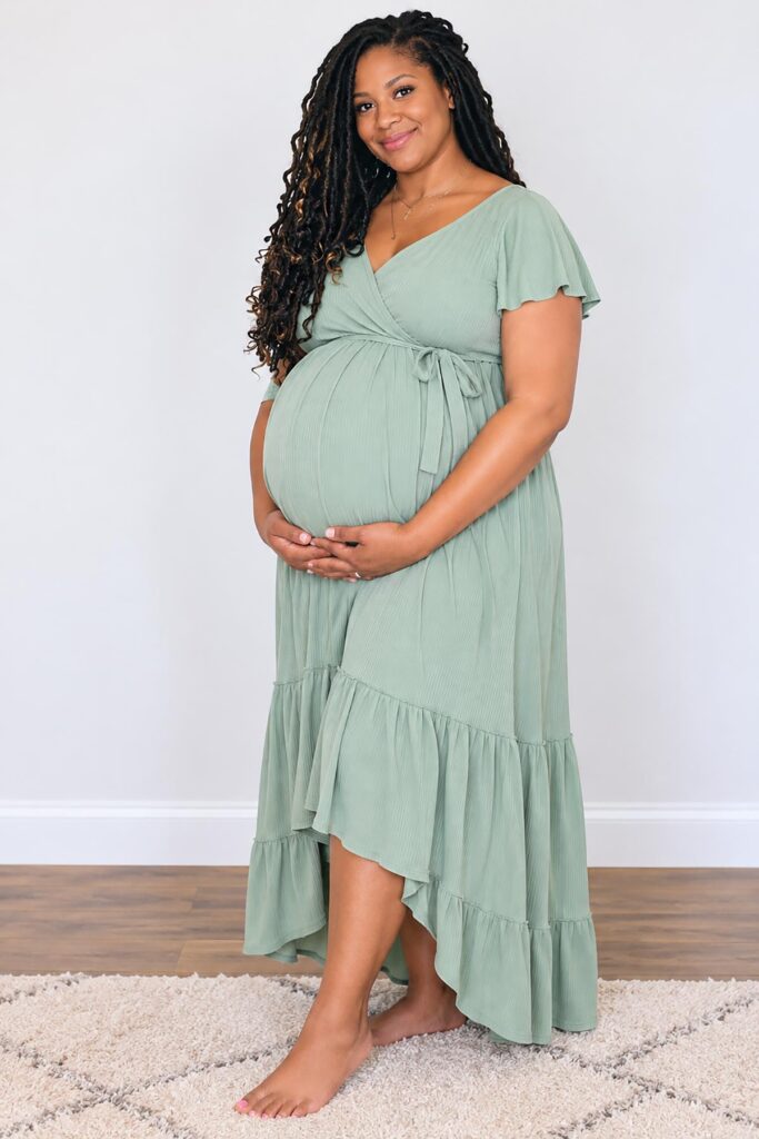 Pregnant woman at 38 weeks cradling her large baby bump in a sage green maternity dress during a full-body pregnancy photoshoot.