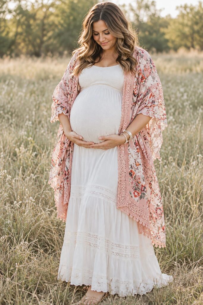39 weeks pregnant woman cradling her baby bump in a white maternity dress and pink floral kimono during an outdoor maternity photoshoot.