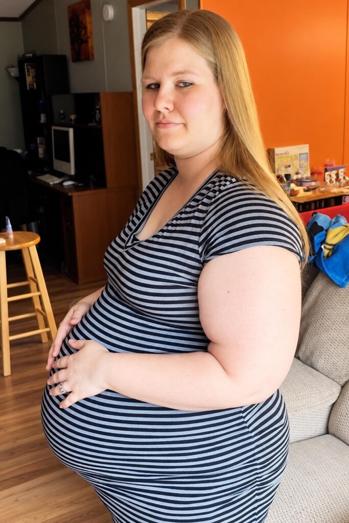 Pregnant woman in a black and gray striped maternity dress cradling her large baby bump while standing sideways in her living room.