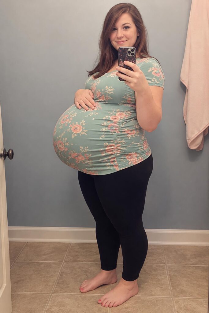 40-week pregnant woman showing her full-term baby bump in a floral maternity shirt and black leggings during a bathroom mirror selfie.