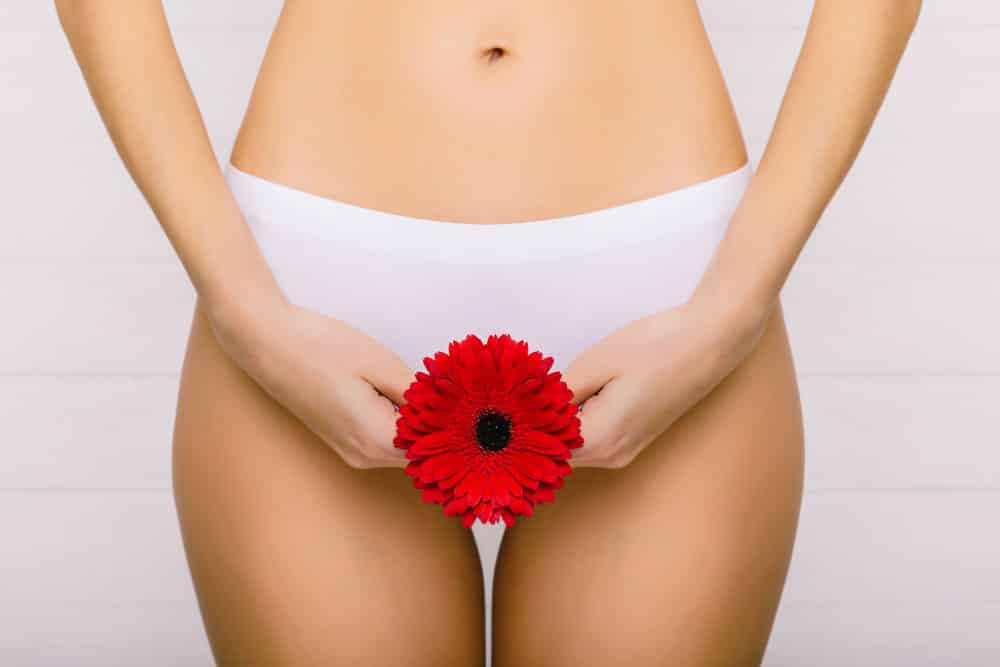 woman ovulating holding flower in front of underwear