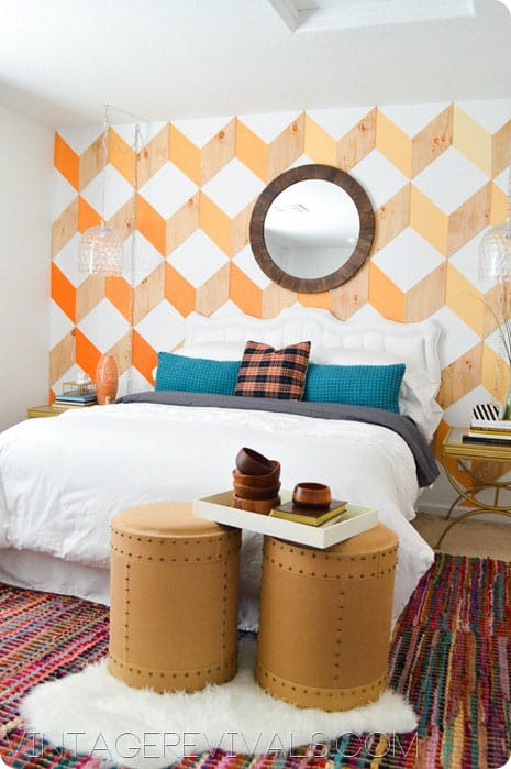 3D cube orange and wood design wall in a boy's bedroom
