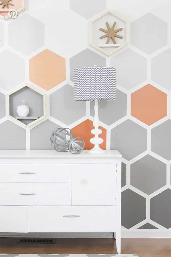 DIY painted hexagons on accent wall in bedroom