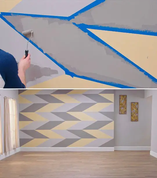 funky geometric design accent wall grey and yellow