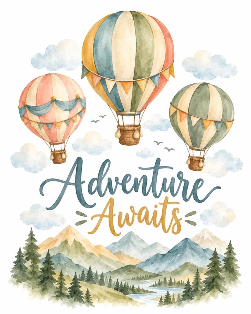 Printable nursery wall art with watercolor hot air balloons, mountains, and the phrase Adventure Awaits in whimsical lettering.
