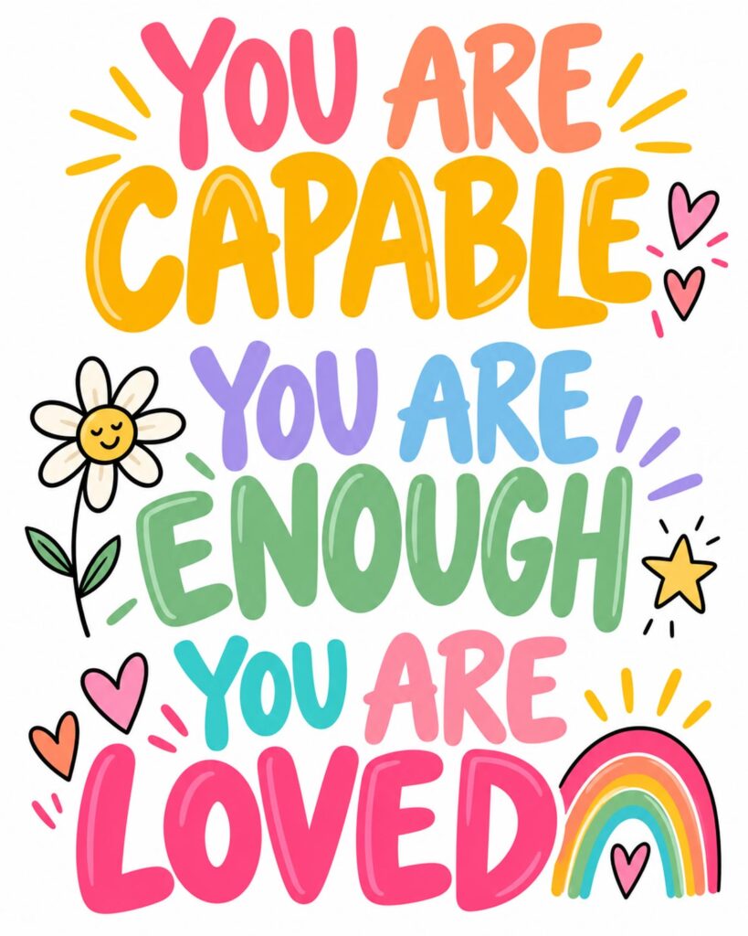 Colorful nursery affirmation printable with You Are Capable, You Are Enough, and You Are Loved in bright playful lettering.