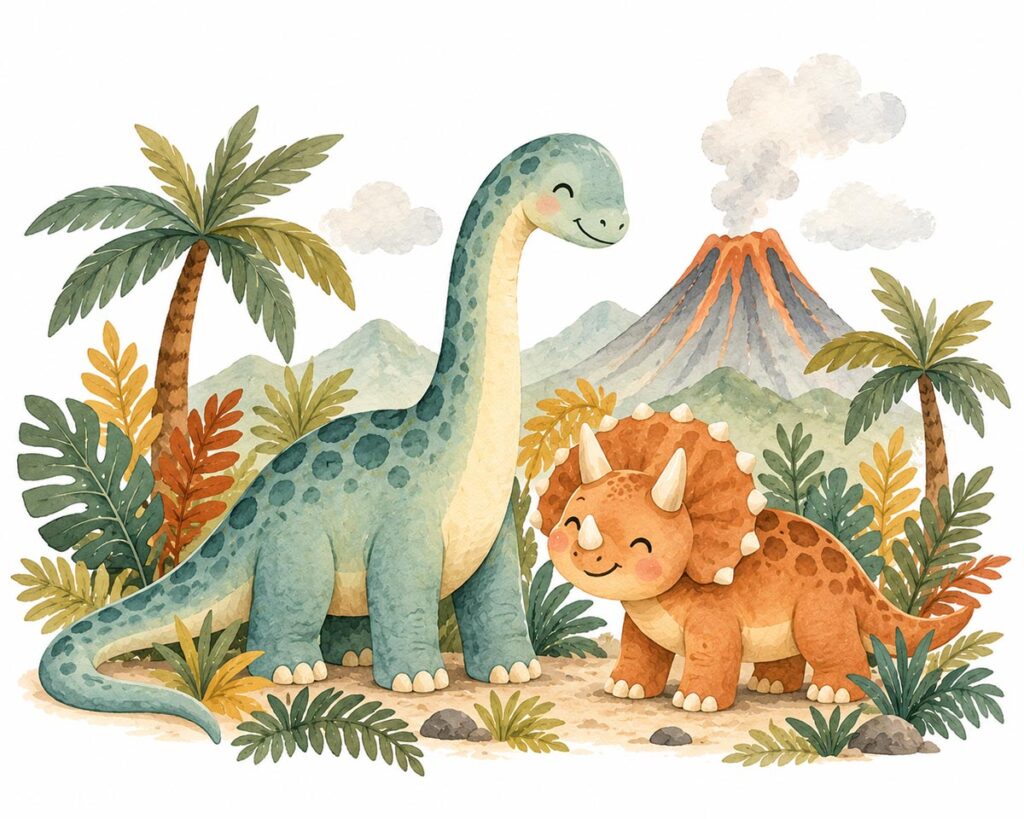 Cute dinosaur nursery printable featuring a smiling brontosaurus and triceratops surrounded by tropical plants and a volcano.