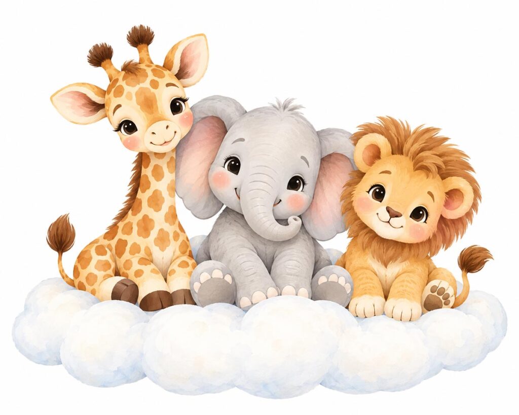 Adorable safari nursery art featuring a watercolor baby giraffe, elephant, and lion sitting together on fluffy white clouds.