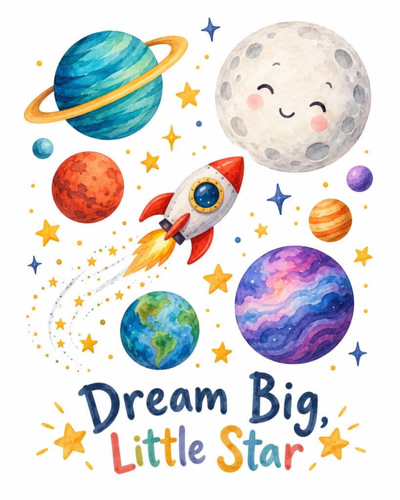 Colorful space nursery printable with a rocket, smiling moon, planets, and the phrase Dream Big, Little Star in playful lettering.