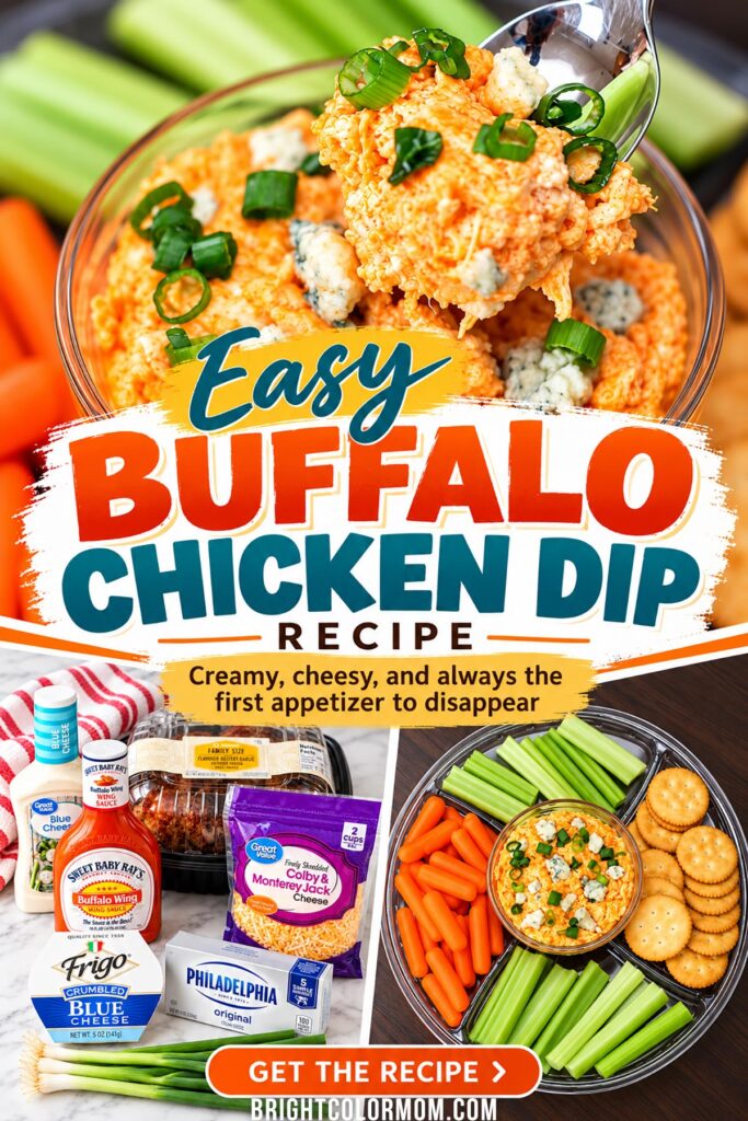 Easy Buffalo Chicken Dip Recipe Pinterest pin featuring creamy chicken dip, ingredients, and a vegetable and cracker serving platter.