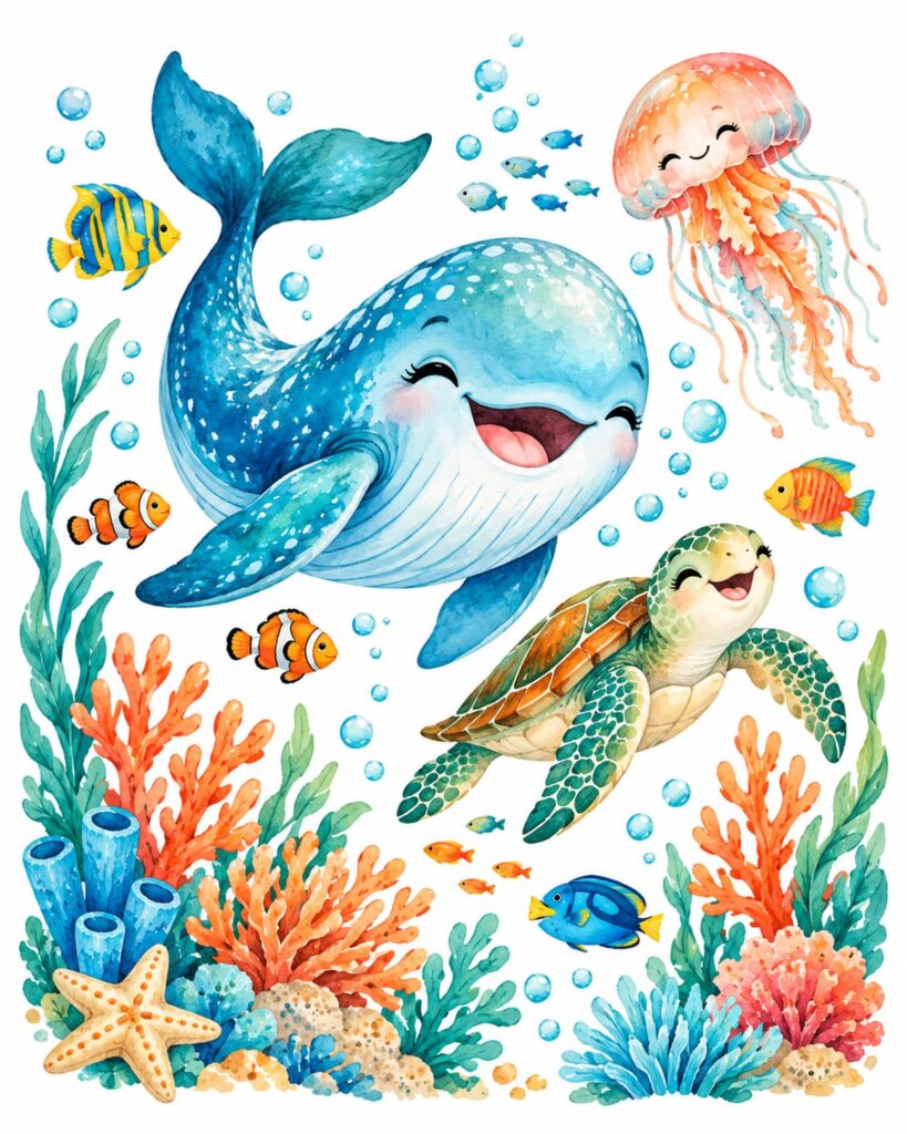 Colorful ocean nursery printable with a smiling blue whale, sea turtle, jellyfish, tropical fish, bubbles, and bright coral reef.