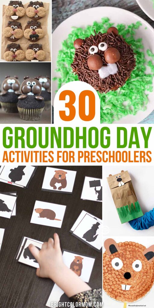 collage of various Groundhog Day activities for kids