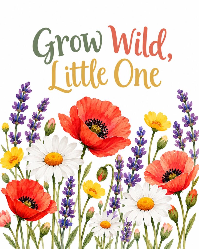 Floral nursery printable with Grow Wild, Little One lettering above colorful watercolor poppies, daisies, and lavender flowers.