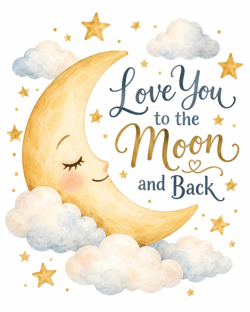 Love You to the Moon and Back nursery printable with a smiling watercolor crescent moon, fluffy clouds, and golden stars.