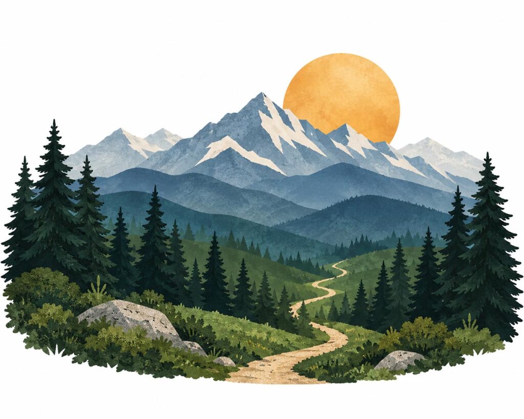 Mountain nursery wall art featuring layered blue mountains, evergreen forests, a golden sun, and a winding trail through the trees.