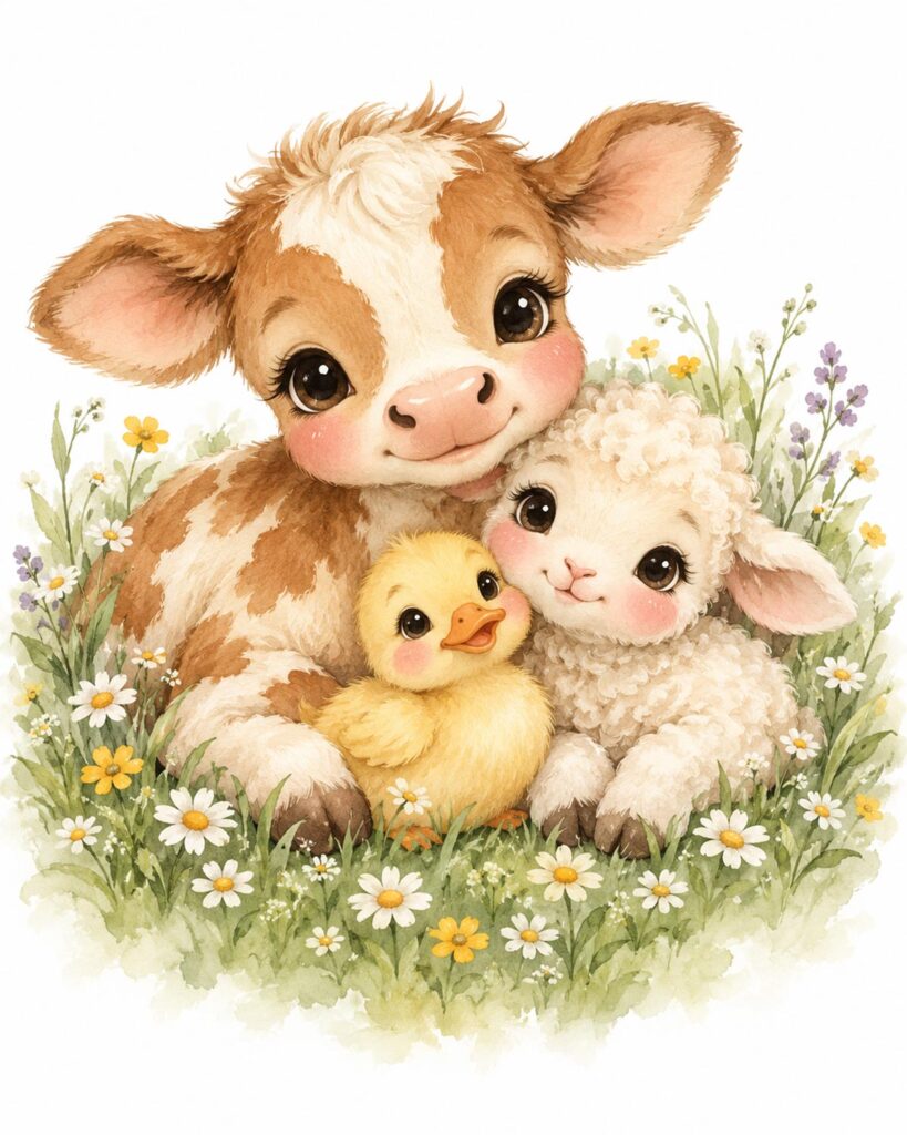 Adorable farm animal nursery art featuring a baby cow, fluffy lamb, and yellow duckling cuddling among colorful wildflowers.