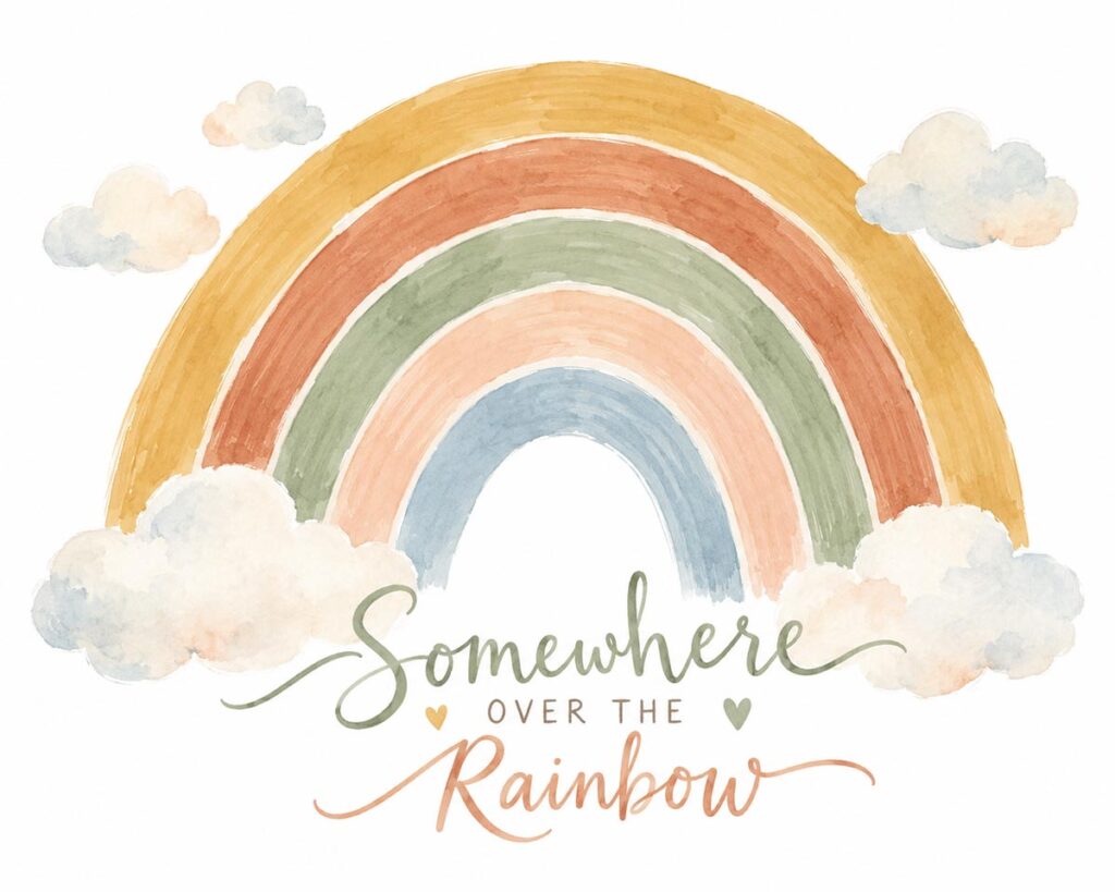Pastel rainbow nursery printable with watercolor clouds and Somewhere Over the Rainbow lettering in soft, whimsical colors.