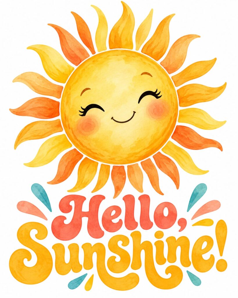 Hello Sunshine nursery printable featuring a large smiling watercolor sun with golden rays and bright coral and yellow lettering.
