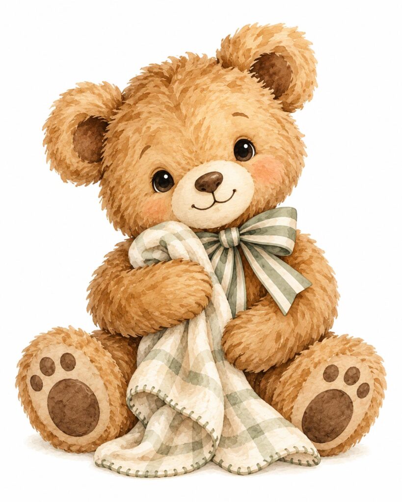 Vintage teddy bear nursery art featuring a fluffy brown bear with a sage striped bow holding a soft cream-colored baby blanket.