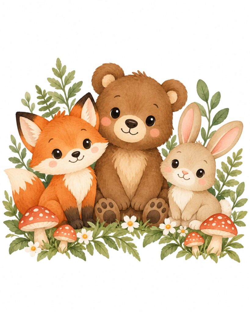 Woodland nursery art featuring an adorable baby fox, bear, and bunny surrounded by mushrooms, green ferns, and tiny white flowers.