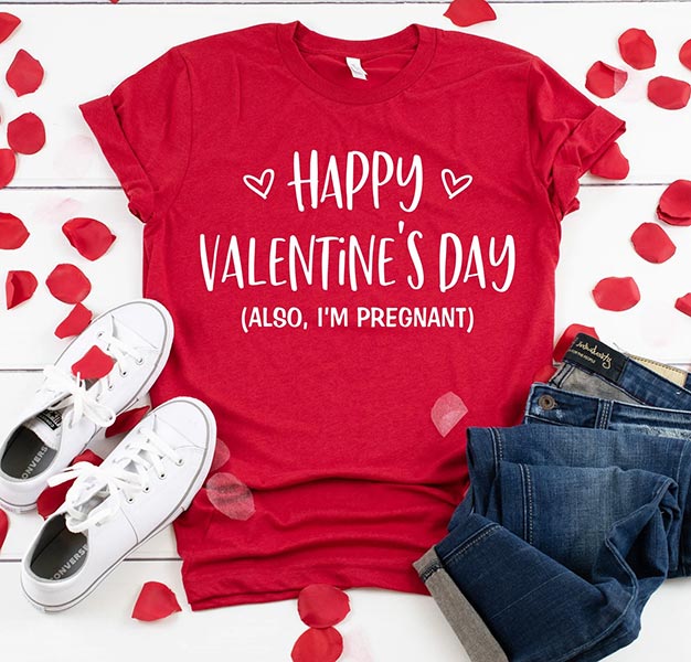 red t-shirt announcing pregnancy on valentine's day