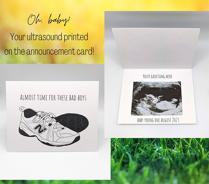 custom greeting card announcing pregnancy to husband with new balance sneakers on front and sonogram on the inside