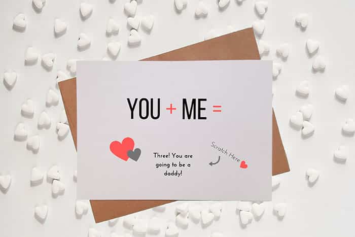you plus me equals three valentine pregnancy announcement card