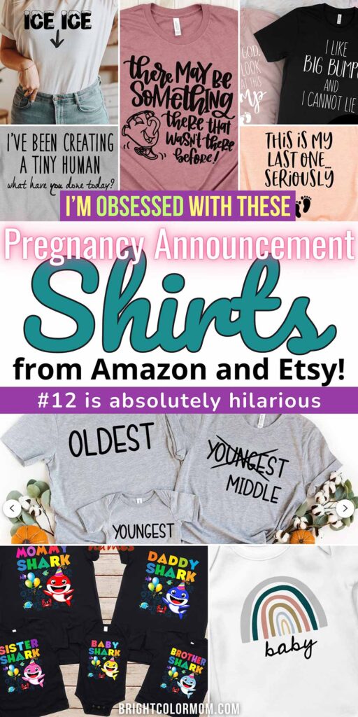 collage of pregnancy announcement shirts