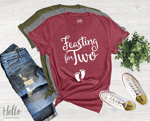 feasting for two Thanksgiving pregnancy announcement shirt