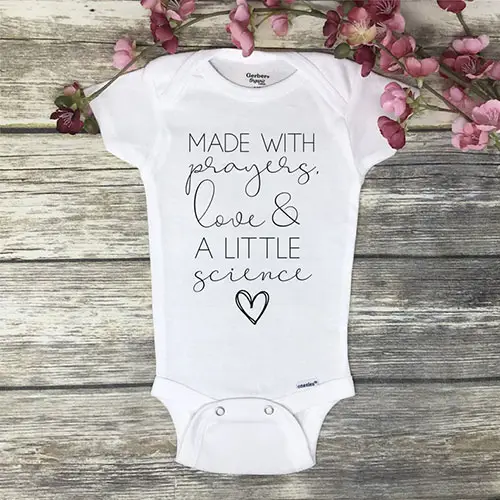 made with prayers, love and a little science ivf pregnancy announcement onesie