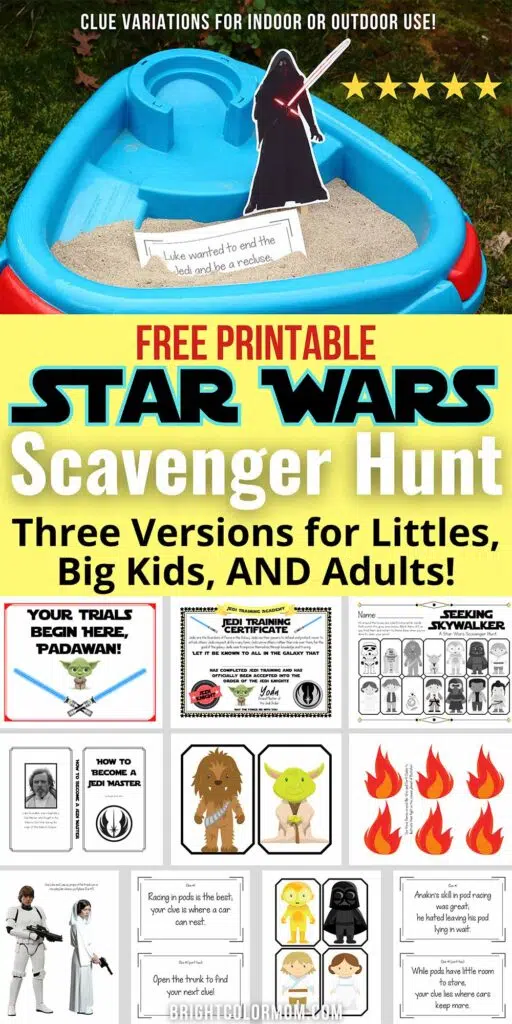 collage of images promoting a printable Star Wars scavenger hunt