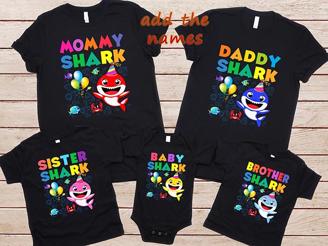 five matching family shirts themed to Baby Shark