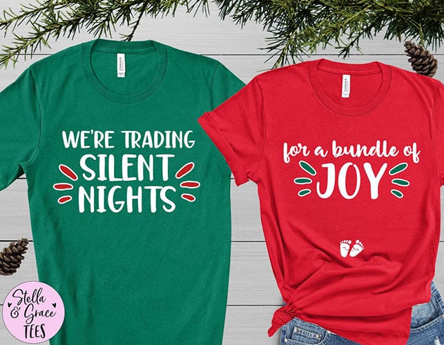 we're trading silent nights for a bundle of joy pregnancy announcement shirts for couple